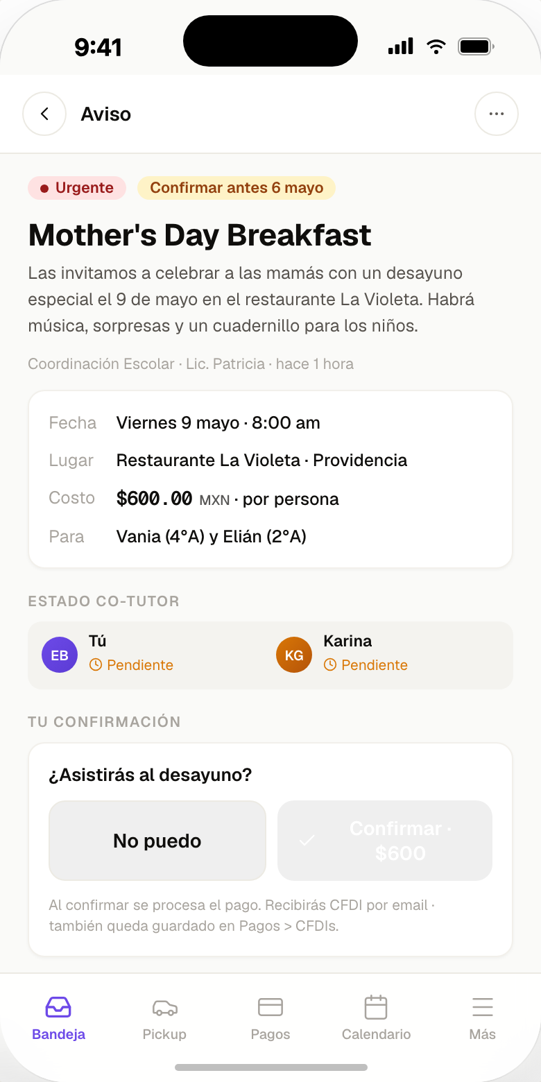 Detalle de aviso en la app del padre con estados de co-tutor: ambos tutores pendientes de confirmación.
